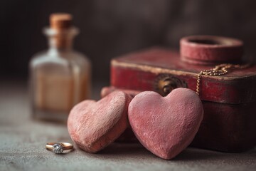 vintage valentines objects against dark background, Valentine&rsquo;s Day theme, neutral tones, deep focus, realistic textures, clean composition