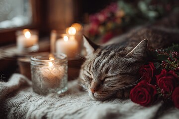 Cat sleeping next to roses and candles, cozy Valentine&rsquo;s still life with animal