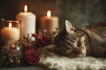 Cat sleeping next to roses and candles, cozy Valentine&rsquo;s still life with animal