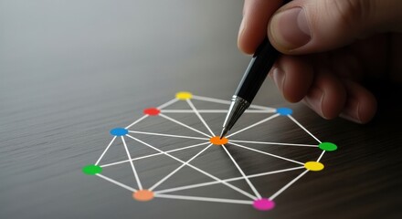 Close-up of a hand using a pencil to draw a network diagram with colorful dots.