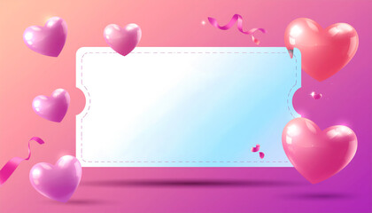 Valentine's Day sale banner background, Blank ticket template with floating 3D hearts, coupon mockup with white copy space, discount voucher, Promo code layout for retail and e-commerce marketing.