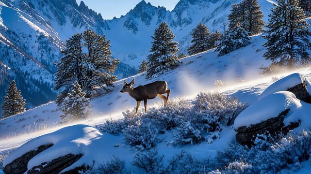 Mule deer grazing on a snowy hillside with windblown snow. Wildlife feeding in a winter mountain landscape. Cinematic nature footage with cool blue rimlight