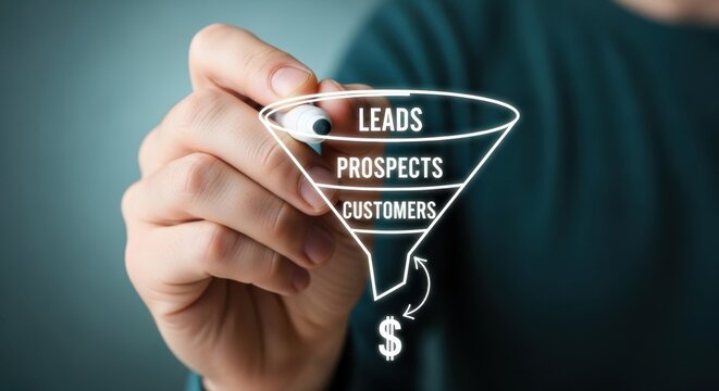 Sales funnel diagram with leads prospects customers and dollar sign on teal background. - Powered by Adobe