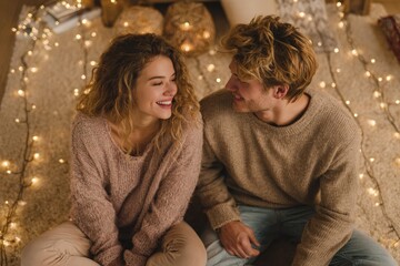 Couple sitting on the floor surrounded by fairy lights, relaxed home setting, cozy Valentine&rsquo;s mood