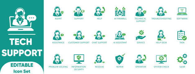 Fototapeta premium Tech Support Customer Service Call Center AI Chatbot Vector Icon Set