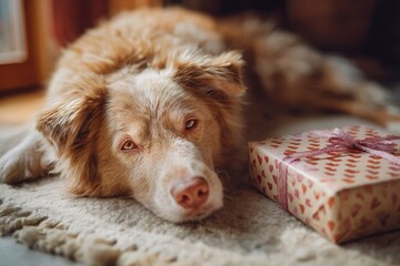 Dog lying next to Valentine&rsquo;s Day gift box, warm home atmosphere, lifestyle pet photography