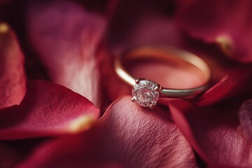 Engagement ring placed on rose petals, macro photography, dramatic low-key lighting