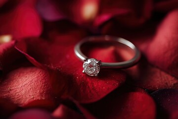 Engagement ring placed on rose petals, macro photography, dramatic low-key lighting