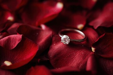 Engagement ring placed on rose petals, macro photography, dramatic low-key lighting