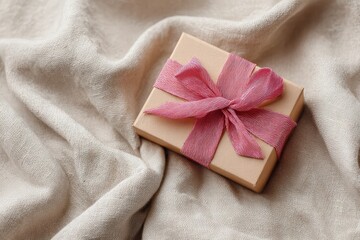 Gift box with silk ribbon on neutral linen fabric, elegant Valentine&rsquo;s Day flat lay, clean composition