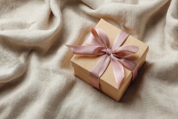 Gift box with silk ribbon on neutral linen fabric, elegant Valentine&rsquo;s Day flat lay, clean composition