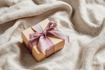 Gift box with silk ribbon on neutral linen fabric, elegant Valentine&rsquo;s Day flat lay, clean composition