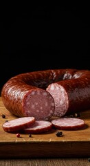 Obraz premium A close-up shot of thick, darkly smoked wurst sausages, resting on a rustic wooden cutting board, ready for slicing and serving as a hearty meal ,meat ,dark ,sausage