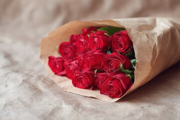 Red roses bouquet wrapped in kraft paper, rustic romantic still life, shallow depth of field