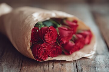 Red roses bouquet wrapped in kraft paper, rustic romantic still life, shallow depth of field