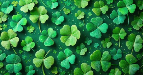 Green clover pattern covers surface. Numerous leaves present, varying sizes. Texture appears soft, natural, vibrant.