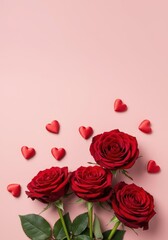 A delightful arrangement featuring deep red roses and small decorative hearts on a soft pastel background, symbolizing profound affection and timeless romance ,background ,festive ,emotion