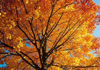 A magnificent tree ablaze with golden and crimson leaves against a clear blue sky, capturing the glorious colors and tranquil essence of the fall season, outdoor, seasonal, magnificent