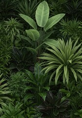 A lush, seamless repeating pattern of tropical foliage and exotic plants, perfect for textile design, wallpaper, or digital backgrounds, dense, naturalistic, background