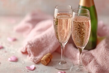 champagne and celebration scene, Valentine&rsquo;s Day theme, photorealistic style, soft natural or studio lighting, realistic textures, clean composition