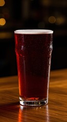 A refreshing glass of rich, ruby red alcoholic beverage, presented in a classic pub pint container, sitting on a wooden counter, transparent, reddish, ruby