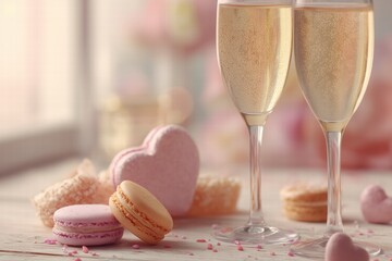 champagne and celebration scene, Valentine&rsquo;s Day theme, photorealistic style, soft natural or studio lighting, realistic textures, clean composition