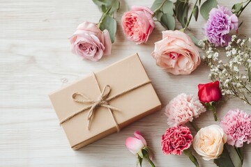 flowers and gift box flat lay, Valentine&rsquo;s Day theme, photorealistic style, soft natural or studio lighting, realistic textures, clean composition