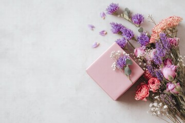 flowers and gift box flat lay, Valentine&rsquo;s Day theme, photorealistic style, soft natural or studio lighting, realistic textures, clean composition