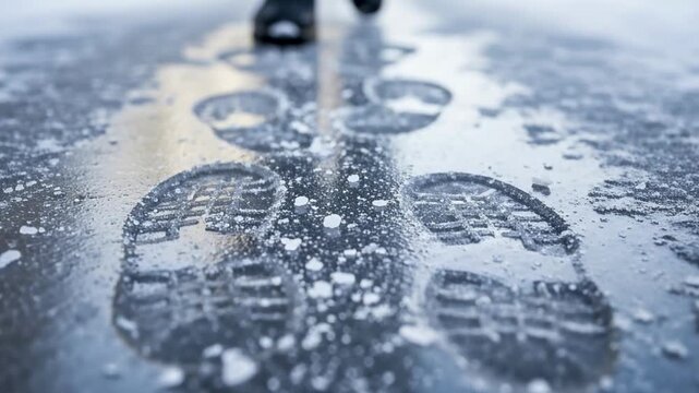 Footprints on an icy sidewalk with road salt. Close-up of boot imprints in thin ice and slush. Person walking away in blurred background. Winter safety and slippery conditions concept