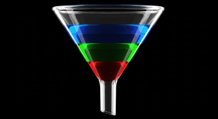 Glass funnel with four distinct layers of colorful liquids blue green red against black.