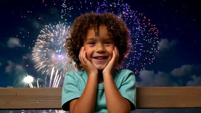 Child excitedly watching fireworks display on a summer night from a wooden balcony