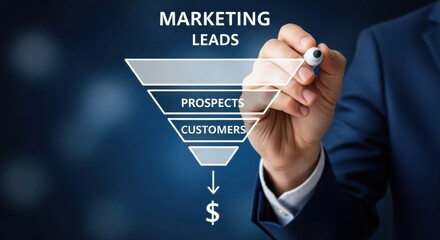 Man draws a sales funnel illustrating marketing leads prospects and customers flow
