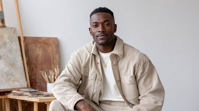 Young african male artist in studio with canvases and paintbrushes