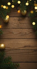 Festive holiday background featuring natural pine branches, twinkling gold lights, rustic wooden planks, and copy space for seasonal greeting ,glow ,holiday ,greeting