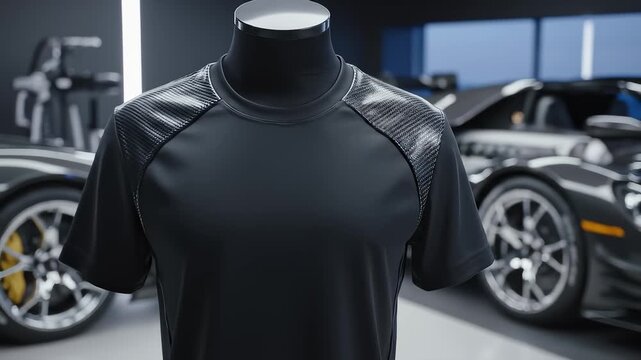 T-Shirt Displayed Against a Sports Car in Showroom Setting