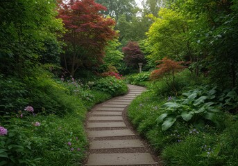 Scenic stone pathway winding through a lush ornamental garden, surrounded by vibrant green foliage and seasonal flowers, ground, environment, flowers