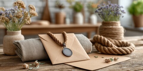 Rustic table setting with envelopes flowers and twine in cozy atmosphere