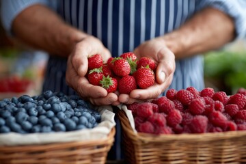 Fresh strawberries held by vendor at fruit market stand