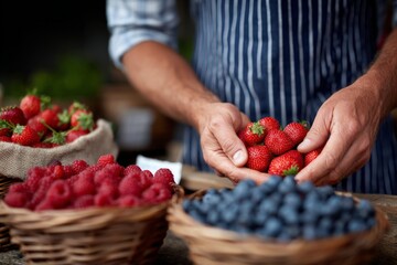 Caucasian male handling strawberries at farmer's market with baskets of fresh berries