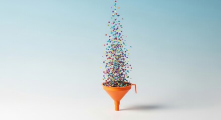 An orange funnel with colorful sprinkles flowing through it against a light blue gradient background.