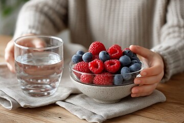 Young child holding bowl of raspberries and blueberries with water glass