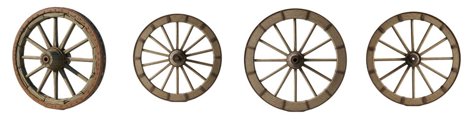 Set of Four Vintage Wooden Wagon Wheels – Oil Paint Style PNG, Perfect for Rustic & Western Designs