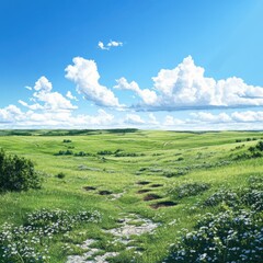 Lush Green Rolling Hills Under a Bright Blue Sky with Fluffy White Clouds