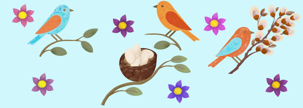 clipart images depicting a nest with eggs, birds, and flowers