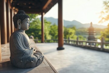 Serene Buddha statue meditating on a wooden platform at a temple with a blurred background 