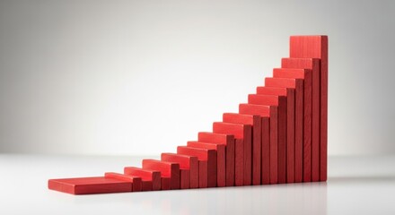 Red dominoes form an ascending staircase on a gray surface symbolizing growth and progress.