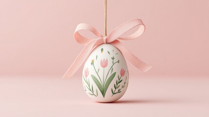 Hand Painted Floral Easter Egg Ornament on Soft Pink Background, Minimal Spring Holiday Decoration
