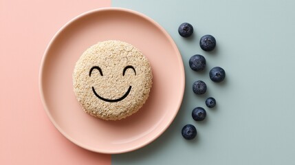 Playful flat lay of smiling oat cookie on pastel plate with blueberries, minimal food concept