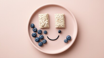 Playful flat lay of smiling oat cookie on pastel plate with blueberries, minimal food concept