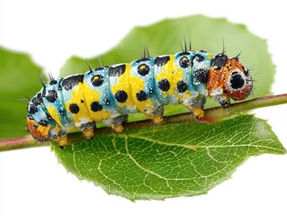 Colorful Caterpillar Macro on Green Leaf Isolated on White Background